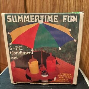 Vintage Original Rare “Summertime Fun”Picnic table condiment decor with umbrella